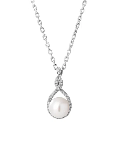 Macy's Freshwater Pearl (7mm) Diamond (1/10 Ct. T.w.) Pendant Necklace In Sterling Silver In Metallic