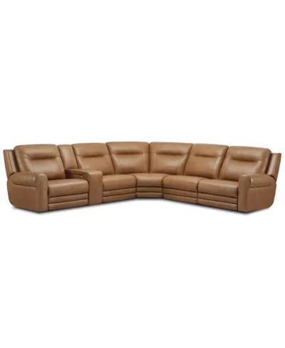 Macy's Furniture 6-pc. Alexandre Leather Sectional With 3 Power Motion Recliners And 1 Console, Exclusively In Brown