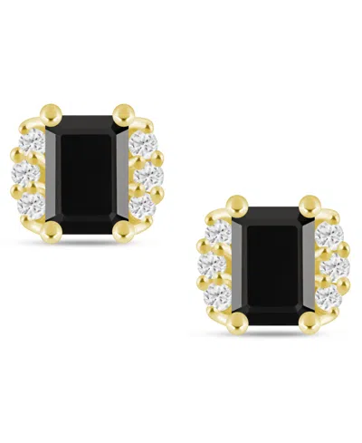 Macy's Gemstone And Diamond 1/3" Stud Earrings In 10k White Gold (also In 10k Yellow Gold) In Black