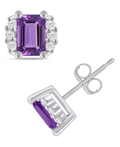 Macy's Gemstone And Diamond 1/3" Stud Earrings In 10k White Gold (also In 10k Yellow Gold) In Multi