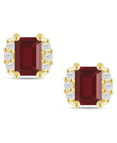 Macy's Gemstone And Diamond 1/3" Stud Earrings In 10k White Gold (also In 10k Yellow Gold) In Red