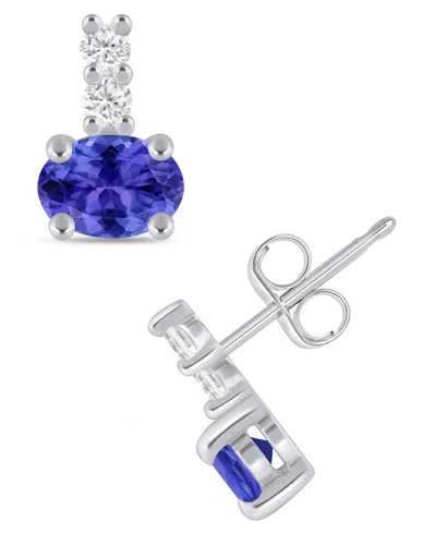 Macy's Gemstone And Diamond (1/8 Ct. T.w.) Earrings In 10k White Gold (also In 10k Yellow Gold) In Blue