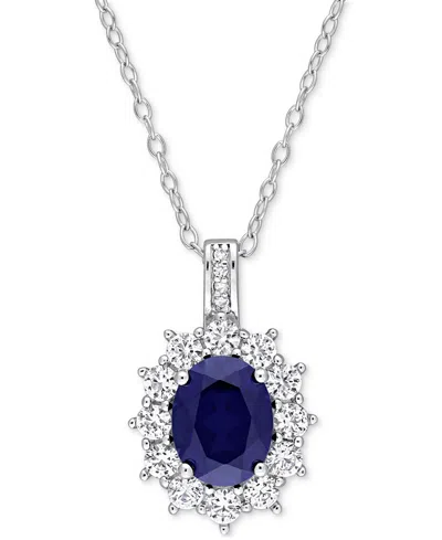 Macy's Gemstone & Diamond Accent Halo 18" Pendant Necklace In Sterling Silver In Blue