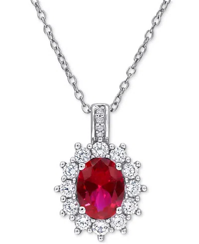 Macy's Gemstone & Diamond Accent Halo 18" Pendant Necklace In Sterling Silver In Red