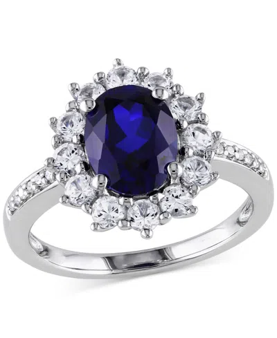 Macy's Gemstone & Diamond Accent Halo Ring In Sterling Silver In Blue