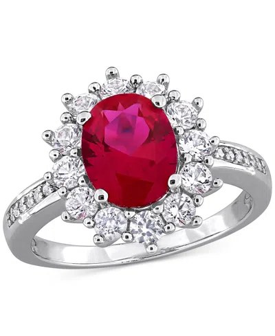 Macy's Gemstone & Diamond Accent Halo Ring In Sterling Silver In Red