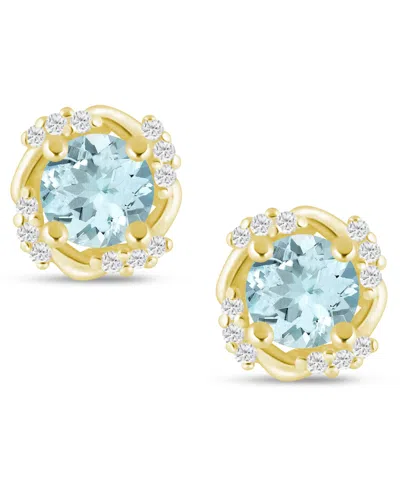 Macy's Gemstone And Diamond Framed 1/3" Stud Earrings In 14k Yellow Gold (also In 14k White Gold) In Blue