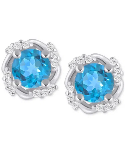 Macy's Gemstone And Diamond Framed 1/3" Stud Earrings In 14k Yellow Gold (also In 14k White Gold) In Blue Topaz,wg