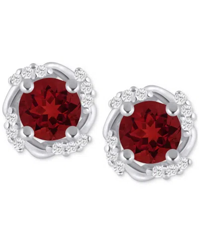 Macy's Gemstone And Diamond Framed 1/3" Stud Earrings In 14k Yellow Gold (also In 14k White Gold) In Burgundy