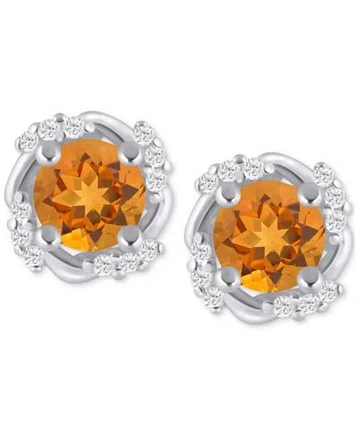 Macy's Gemstone And Diamond Framed 1/3" Stud Earrings In 14k Yellow Gold (also In 14k White Gold) In Citrine,wg