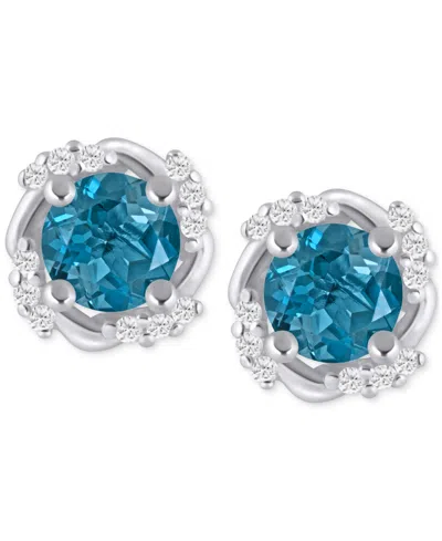 Macy's Gemstone And Diamond Framed 1/3" Stud Earrings In 14k Yellow Gold (also In 14k White Gold) In London Blue Topaz,wg