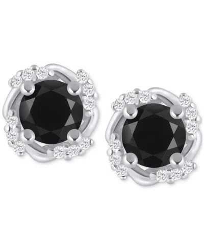 Macy's Gemstone And Diamond Framed 1/3" Stud Earrings In 14k Yellow Gold (also In 14k White Gold) In Onyx,wg