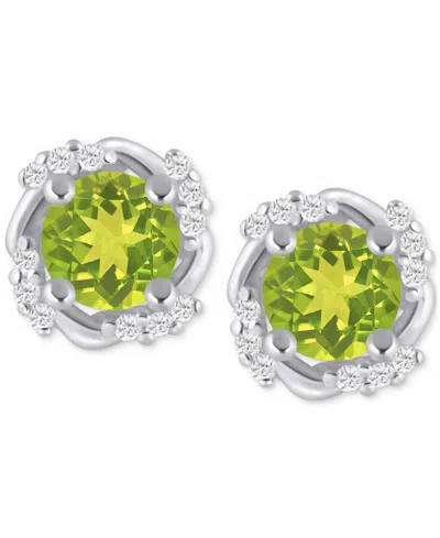 Macy's Gemstone And Diamond Framed 1/3" Stud Earrings In 14k Yellow Gold (also In 14k White Gold) In Peridot,wg