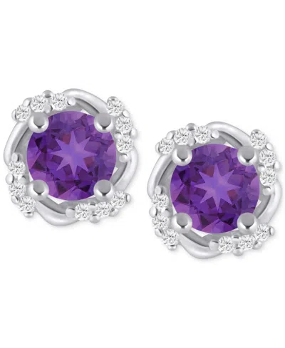 Macy's Gemstone And Diamond Framed 1/3" Stud Earrings In 14k Yellow Gold (also In 14k White Gold) In Purple