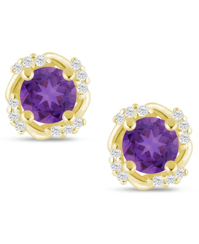 Macy's Gemstone And Diamond Framed 1/3" Stud Earrings In 14k Yellow Gold (also In 14k White Gold) In Purple