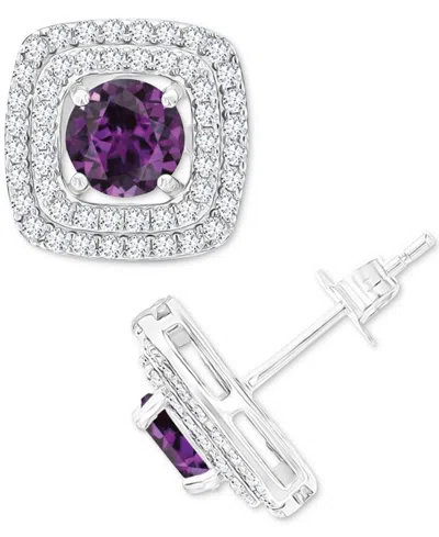 Macy's Gemstone & Lab-grown White Sapphire (5/8 Ct. T.w.) Square Halo Birthstone Stud Earrings In Sterling In Alexandrite