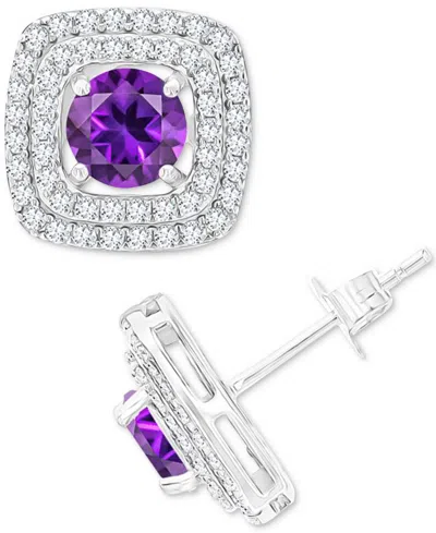 Macy's Gemstone & Lab-grown White Sapphire (5/8 Ct. T.w.) Square Halo Birthstone Stud Earrings In Sterling In Amethyst