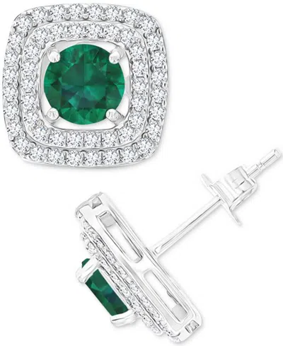 Macy's Gemstone & Lab-grown White Sapphire (5/8 Ct. T.w.) Square Halo Birthstone Stud Earrings In Sterling In Emerald