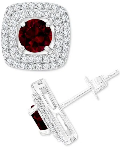 Macy's Gemstone & Lab-grown White Sapphire (5/8 Ct. T.w.) Square Halo Birthstone Stud Earrings In Sterling In Garnet