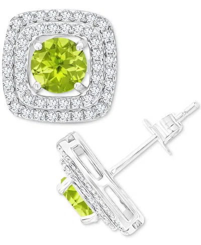 Macy's Gemstone & Lab-grown White Sapphire (5/8 Ct. T.w.) Square Halo Birthstone Stud Earrings In Sterling In Peridot