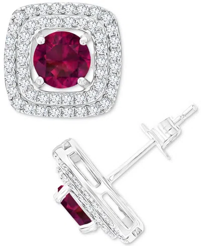 Macy's Gemstone & Lab-grown White Sapphire (5/8 Ct. T.w.) Square Halo Birthstone Stud Earrings In Sterling In Ruby