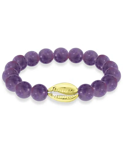 Macy's Genuine Stone Bead Puka Cowrie Shell Stretch Bracelet In Silver Plate Or Gold Plate In Purple