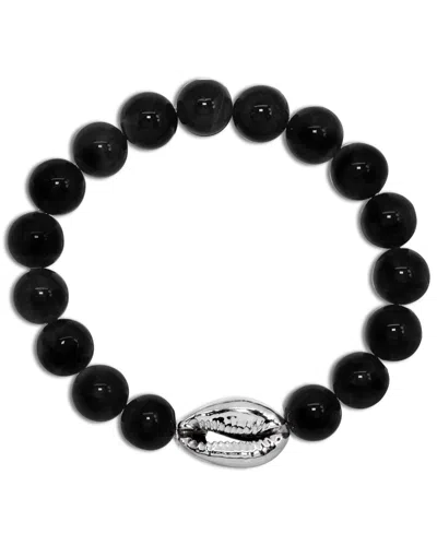 Macy's Genuine Stone Bead Puka Cowrie Shell Stretch Bracelet In Silver Plate Or Gold Plate In Black