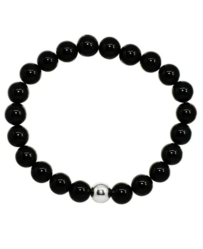 Macy's Genuine Stone Bead Stretch Bracelet With Silver Plate Or Gold Plate Bead Accent In Black