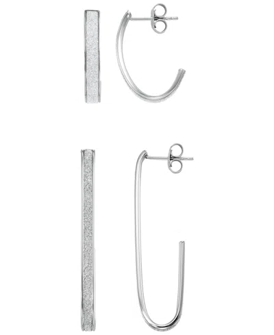 Macy's Glitter Polished 2-pc. Set J-hoop Earrings In Sterling Silver In Transparent