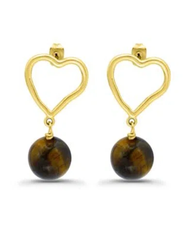 Macy's Macys Gold Plated Hardwired Round Genuine Stone Heart Post Earrings