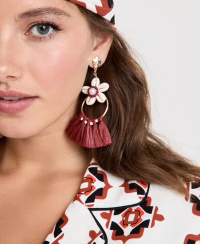 Macy's Gold-tone Raffia Imitation Shell Floral Drop Earrings In Burgundy