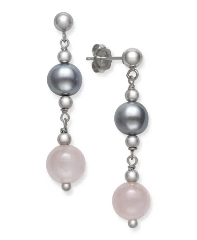 Macy's Gray Cultured Freshwater Pearl 7.5-8.5mm And Rose Quartz 8mm Drop Earrings In Sterling Silver In Multi