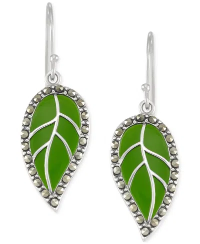 Macy's Green Agate & Marcasite Leaf Drop Earrings In Sterling Silver
