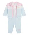 Macy's Guess Baby Girls 3-piece Long Sleeve Zip-up Colorblocked Sweatshirt, Short Sleeve Bodysuit, And Pant In Blue