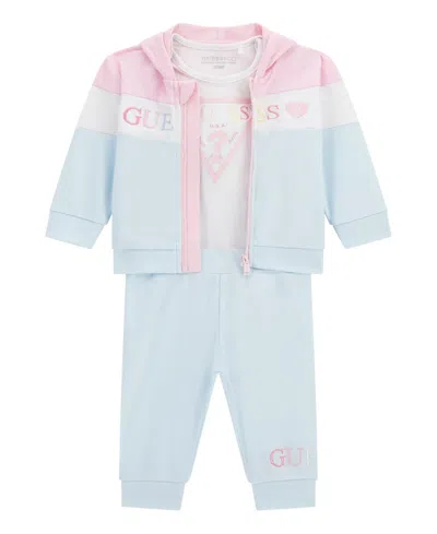 Macy's Guess Baby Girls 3-piece Long Sleeve Zip-up Colorblocked Sweatshirt, Short Sleeve Bodysuit, And Pant In Blue