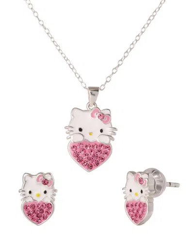 Macy's Hello Kitty Cubic Zirconia Necklace And Earrings Set In Sterling Silver In Metallic