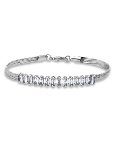 Macy's Herringbone 5 Ct. T.w Blue Cubic Zirconia Baguette Stones On Herringbone Chain Tennis Bracelet, Crea In Silver