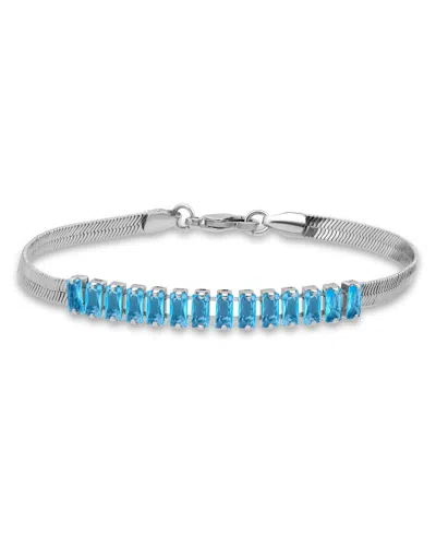 Macy's Herringbone 5 Ct. T.w Blue Cubic Zirconia Baguette Stones On Herringbone Chain Tennis Bracelet, Crea In Silver