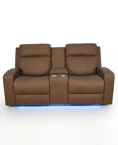 Macy's Hewitt 73" Leather Power Reclining Console Loveseat In Brown