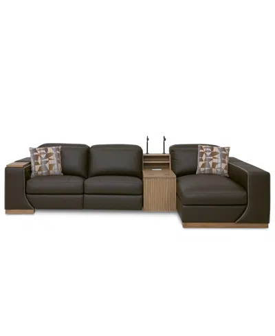 Macy's Holtman 4-piece Leather 2 Power Sofa Chaise Sectional With Console In Brown