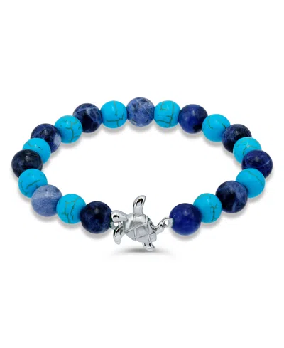 Macy's Howlite Chrysocolla Sodalite Beads And Sea Turtle Charm Station Silver Plated Stretch Bracelet