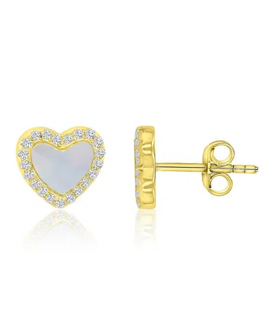 Macy's Imitation Pearl & Cubic Zirconia (0.38 Ct. T.w.) Rhodium Over Sterling Silver Heart Stud Earrings (a In Gold