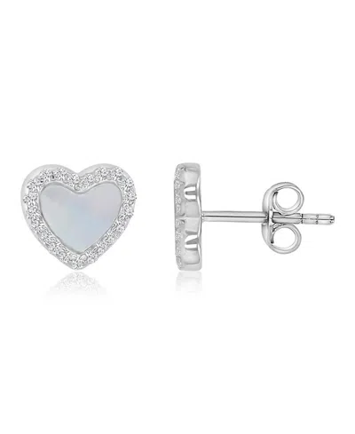 Macy's Imitation Pearl & Cubic Zirconia (0.38 Ct. T.w.) Rhodium Over Sterling Silver Heart Stud Earrings (a In White
