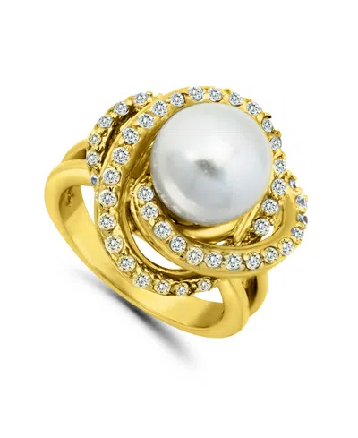 Macy's Imitation Pearl And Cubic Zirconia Pave Swirl Ring In Silver Plate In Gold