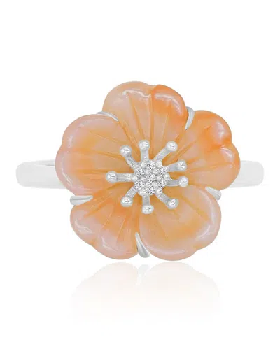 Macy's Imitation Pearl And Diamond (0.028 Ct. T.w.) Flower Ring In Rhodium Over Sterling Silver In Orange