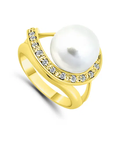 Macy's Imitation Pearl And Pave Cubic Zirconia Swirl Wrap Ring In Silver Plate In Gold