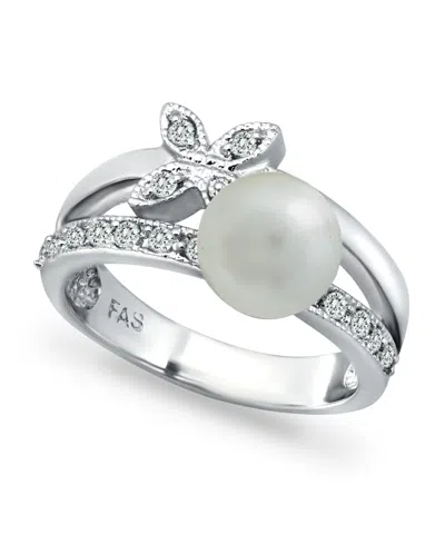 Macy's Imitation Pearl Cubic Zirconia Butterfly Ring In Silver Plate In Metallic