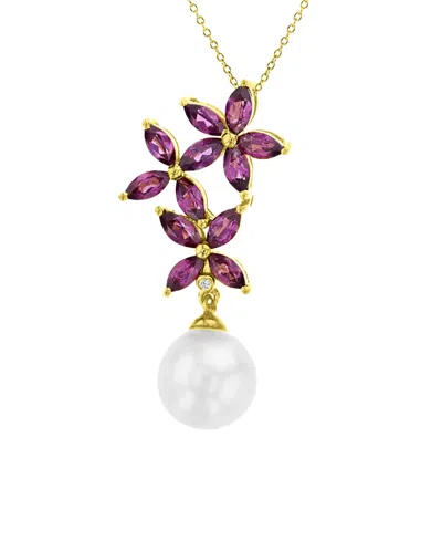 Macy's Imitation Pearl , Garnet (1.2 Ct. T.w.) And Diamond (0.002 Ct. T.w.) Flower Necklace In Neutral