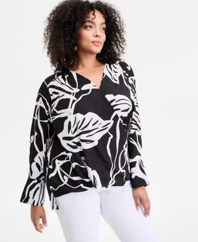 Macy's I.n.c. International Concepts Plus Size Printed Surplice-neck Top, Exclusively At  In Black