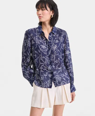 Macy's I.n.c. International Concepts Womens Long Sleeve Printed Ramie Button Down Shirt Macys Exclusive In Blue